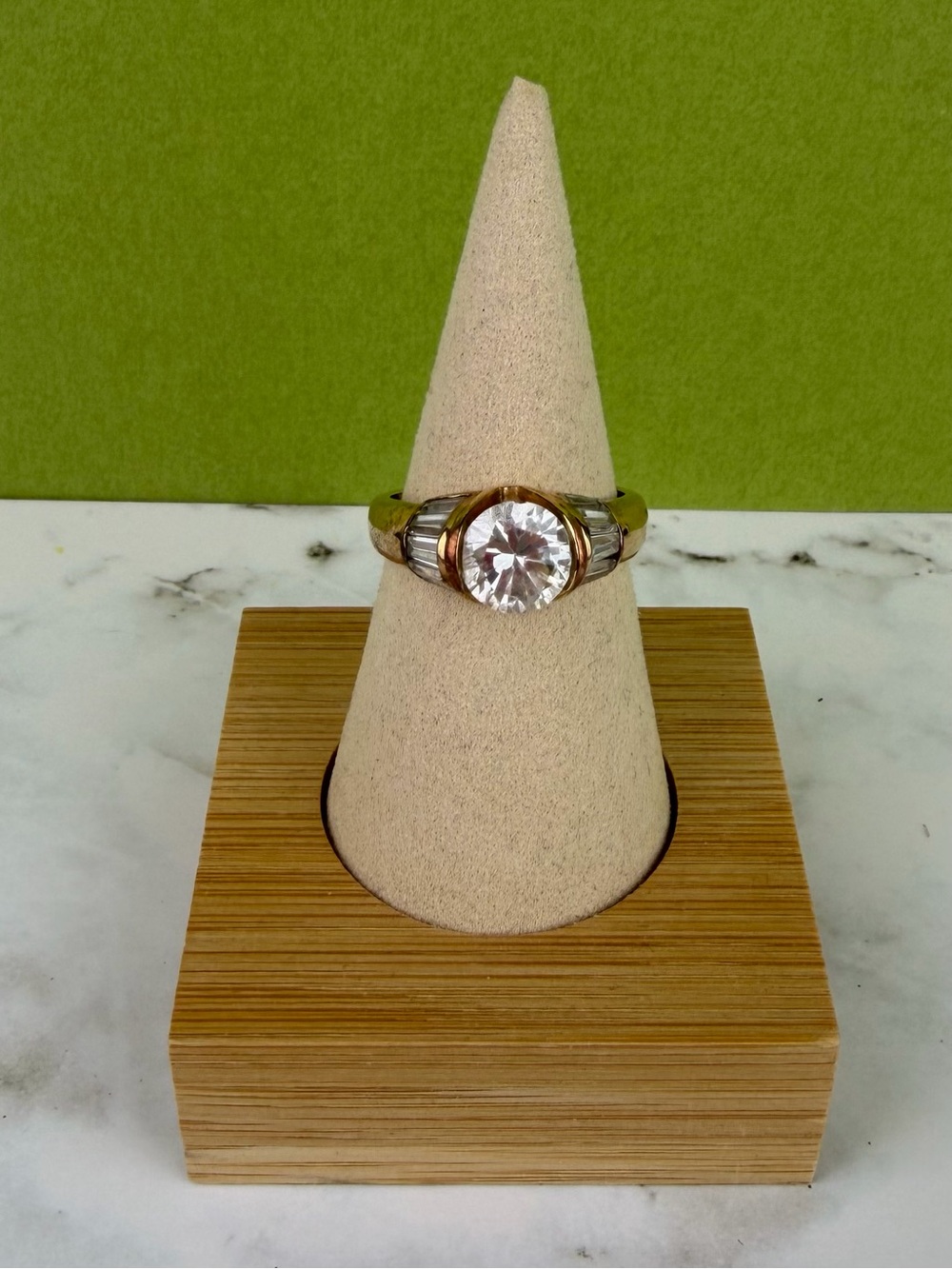 Vintage 18K GE Solitaire Ring Baguette Accents Size 9.25
